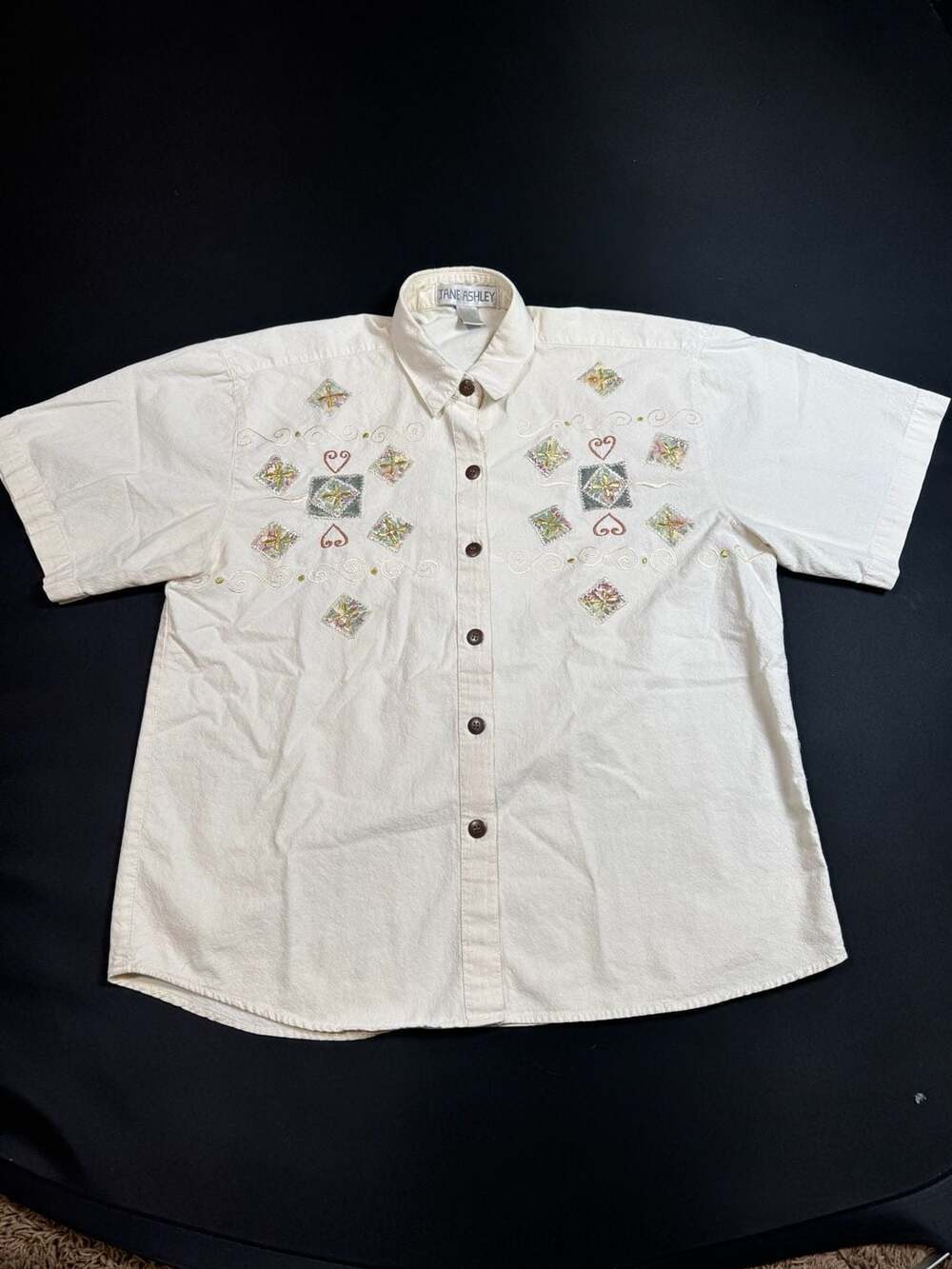 Jane Ashley Vintage Embroidered Short Sleeve Button-Down Shirt